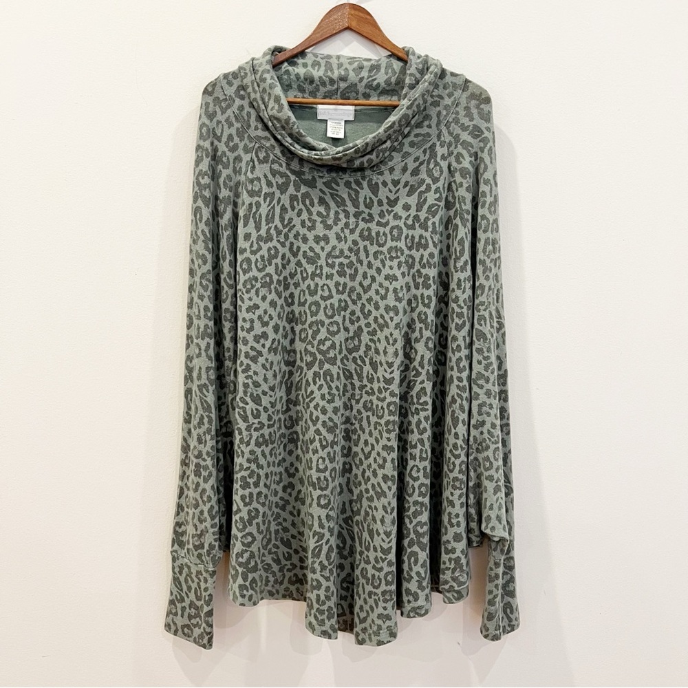 Soft Surroundings Animal Print Cowl Neck Tunic Top Women OS Green Leopard Poncho